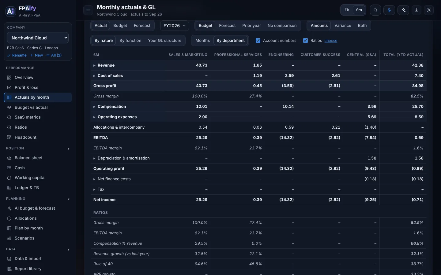 Monthly actuals by department: revenue, cost of sales, compensation, operating expenses and allocations for Sales & Marketing, Professional Services, Engineering, Customer Success and Central, adding back to the company total, with ratios below